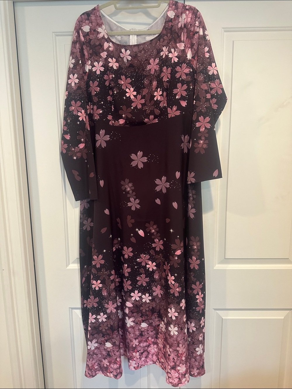 Floral Long-Sleeve Midi Dress in Plum with Pink Blossoms